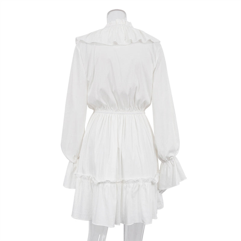 V-Neck Pleated Ruffle Long Sleeve Dress