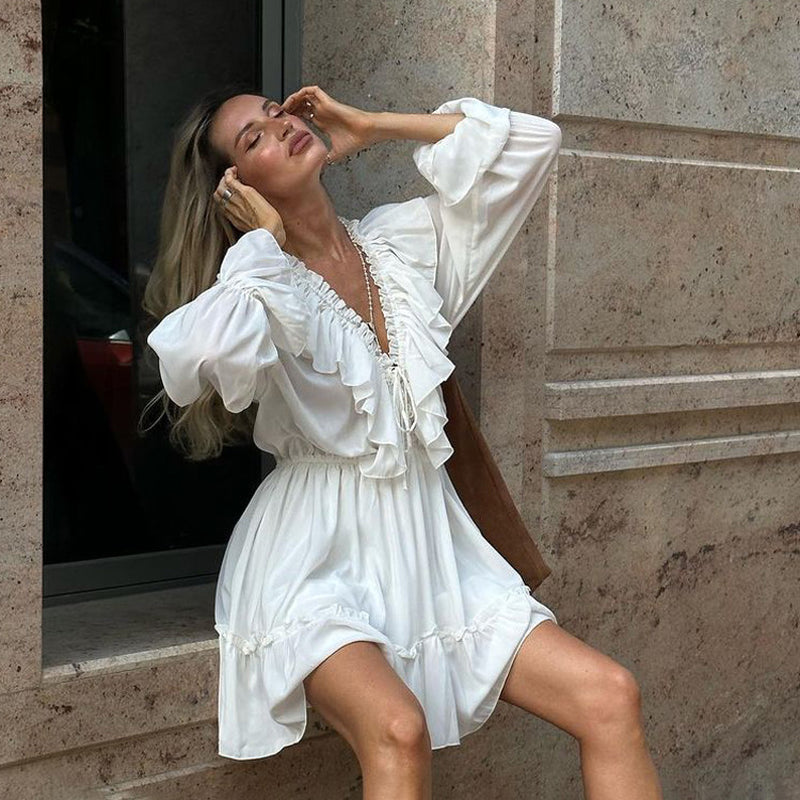V-Neck Pleated Ruffle Long Sleeve Dress