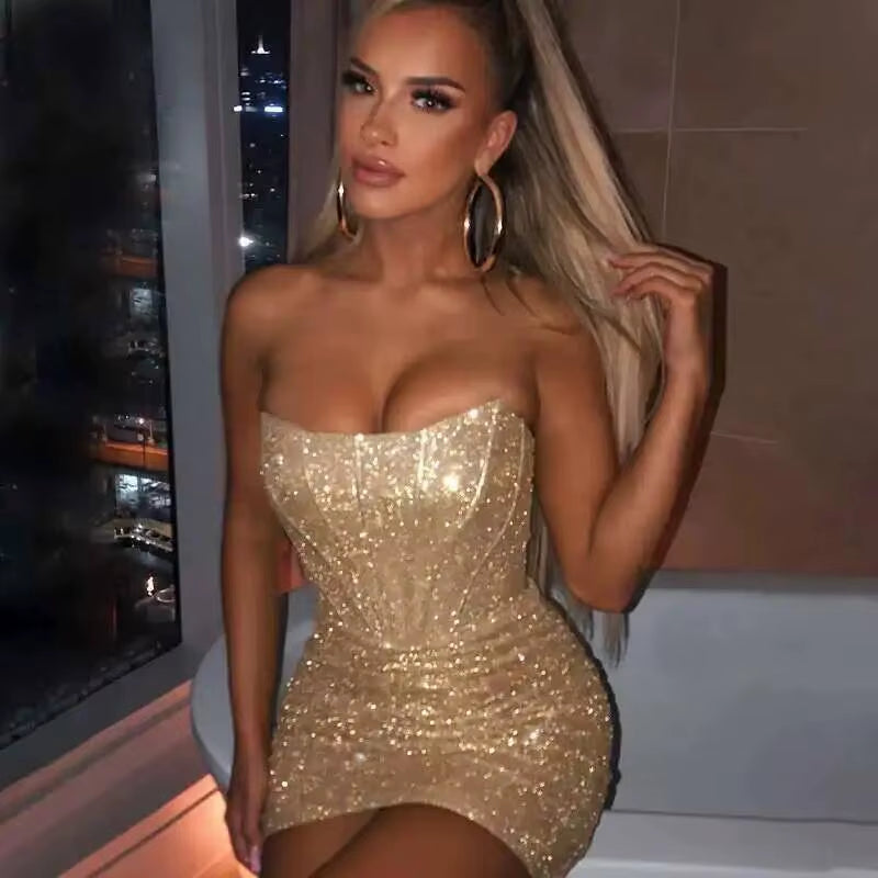Elegant Strapless Bodycon Mini Dress with Glitter for Summer Parties - 2025 Collection