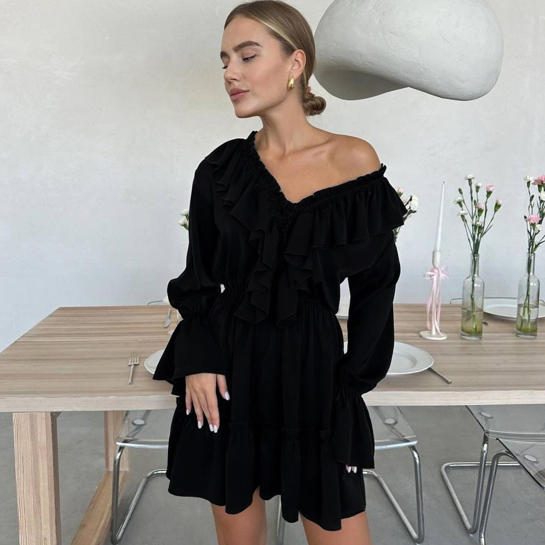 V-Neck Pleated Ruffle Long Sleeve Dress