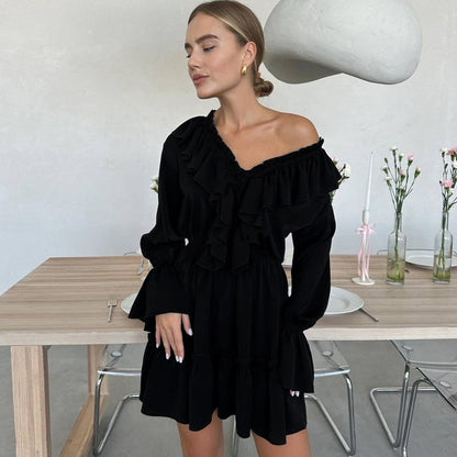 V-Neck Pleated Ruffle Long Sleeve Dress