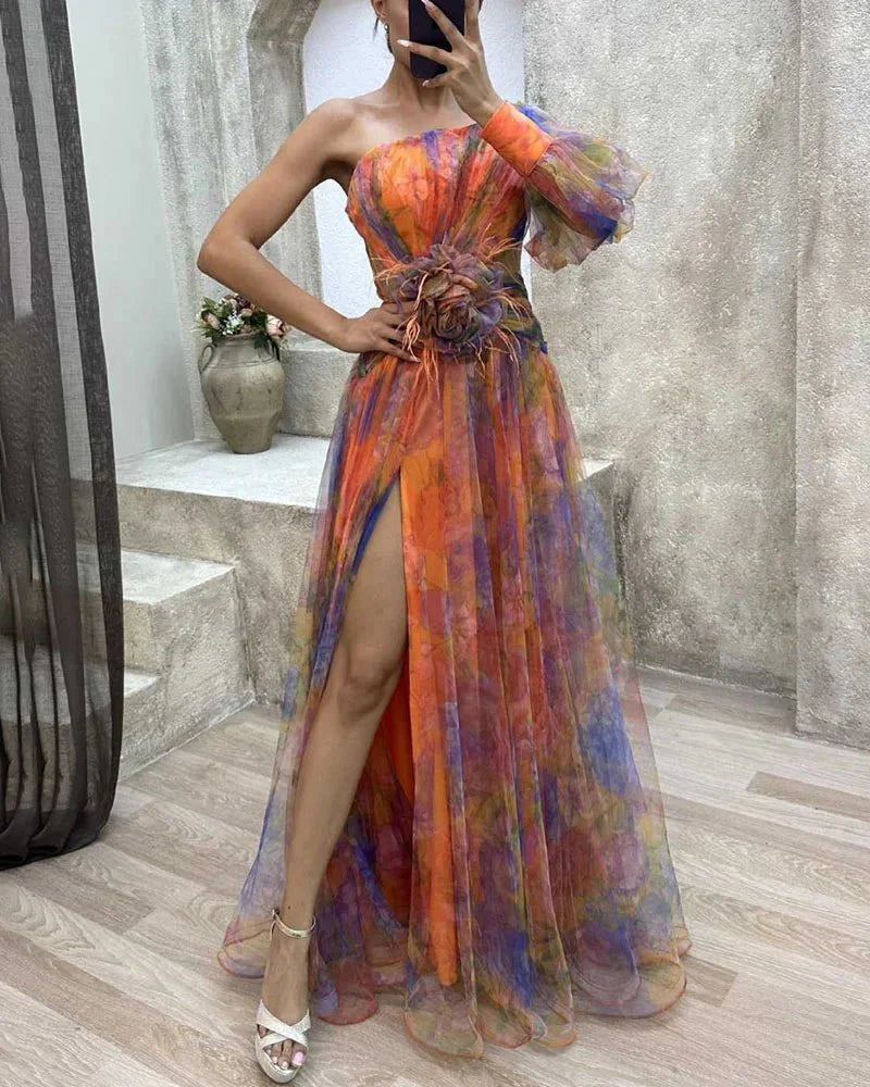 Glorève One-Shoulder Maxi Gown with 3D Floral Detail