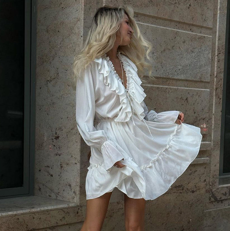 V-Neck Pleated Ruffle Long Sleeve Dress