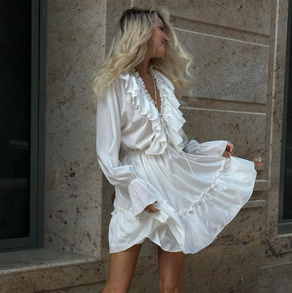 V-Neck Pleated Ruffle Long Sleeve Dress