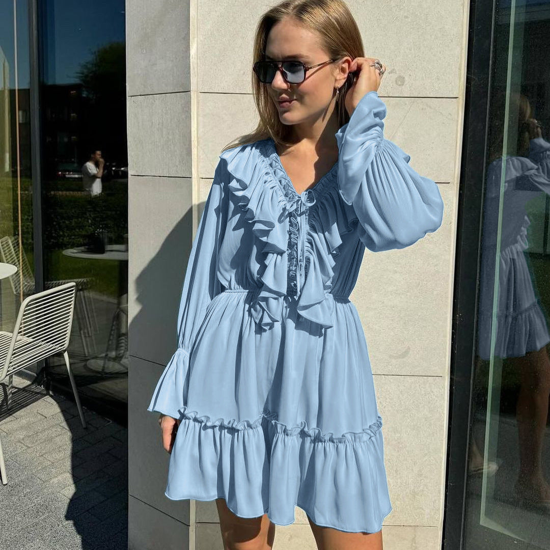V-Neck Pleated Ruffle Long Sleeve Dress