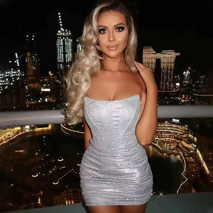 Elegant Strapless Bodycon Mini Dress with Glitter for Summer Parties - 2025 Collection