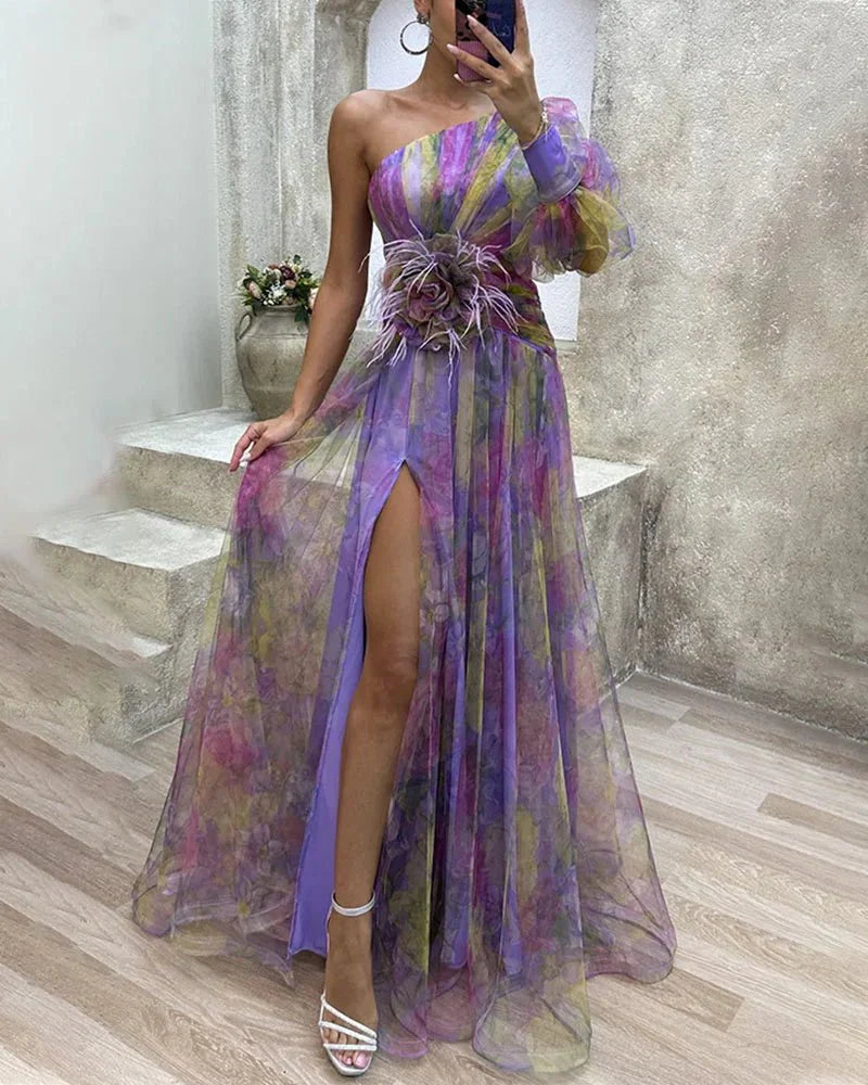 Glorève One-Shoulder Maxi Gown with 3D Floral Detail