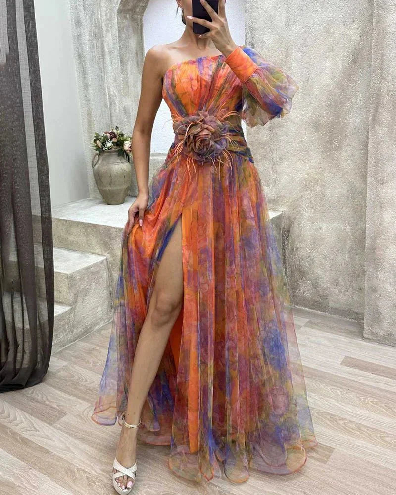 Glorève One-Shoulder Maxi Gown with 3D Floral Detail