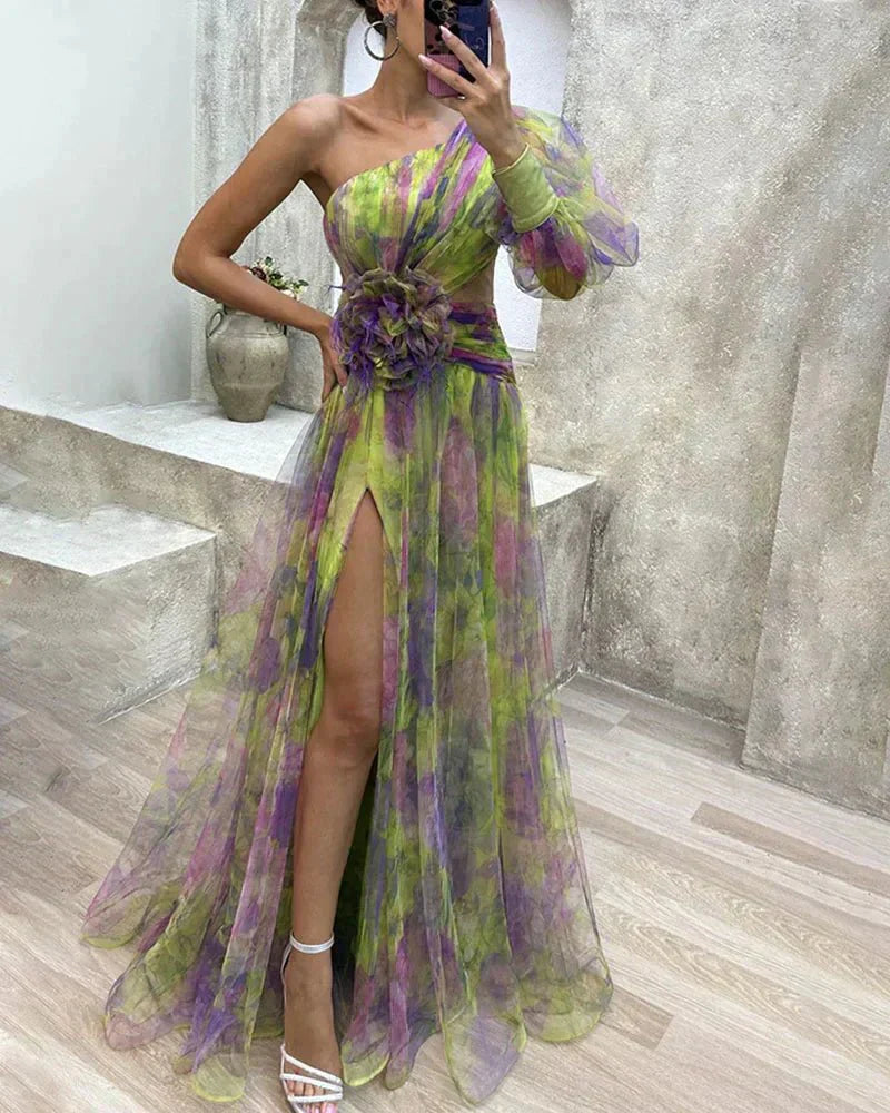 Glorève One-Shoulder Maxi Gown with 3D Floral Detail