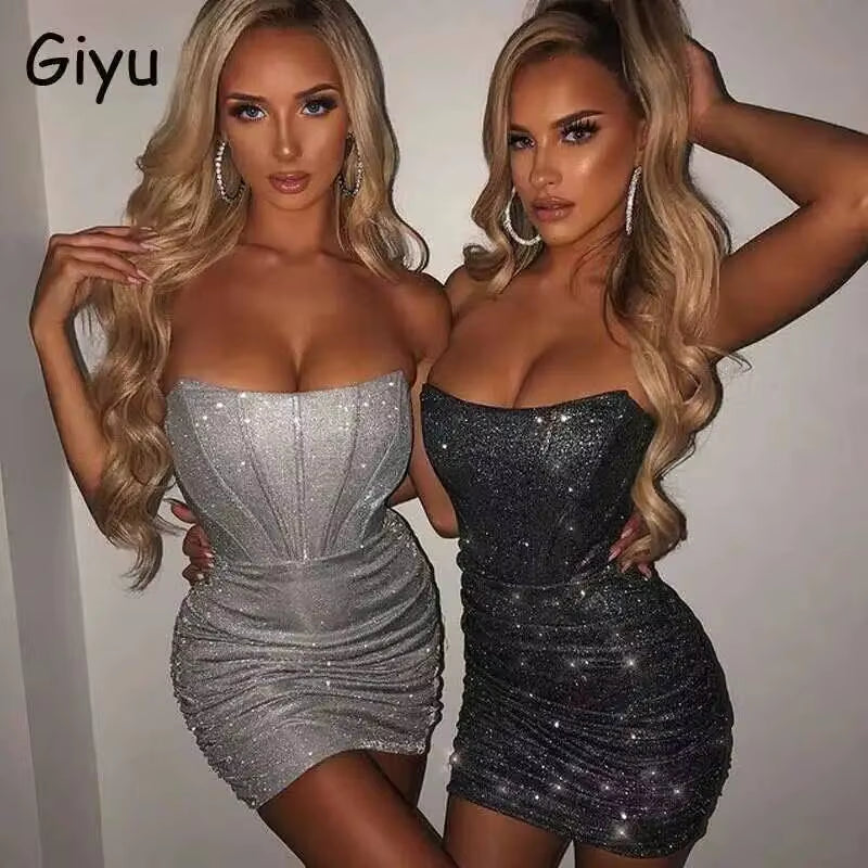 Elegant Strapless Bodycon Mini Dress with Glitter for Summer Parties - 2025 Collection
