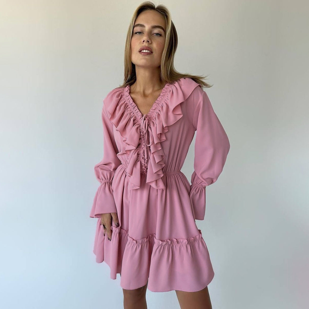 V-Neck Pleated Ruffle Long Sleeve Dress