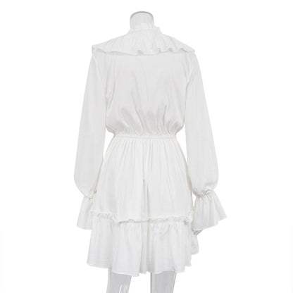 V-Neck Pleated Ruffle Long Sleeve Dress