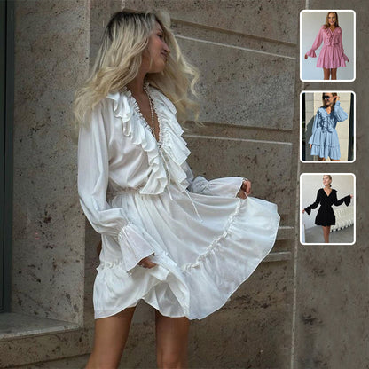 V-Neck Pleated Ruffle Long Sleeve Dress