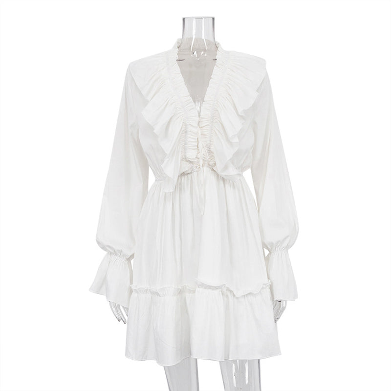 V-Neck Pleated Ruffle Long Sleeve Dress