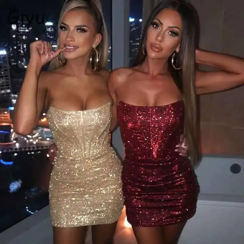 Elegant Strapless Bodycon Mini Dress with Glitter for Summer Parties - 2025 Collection